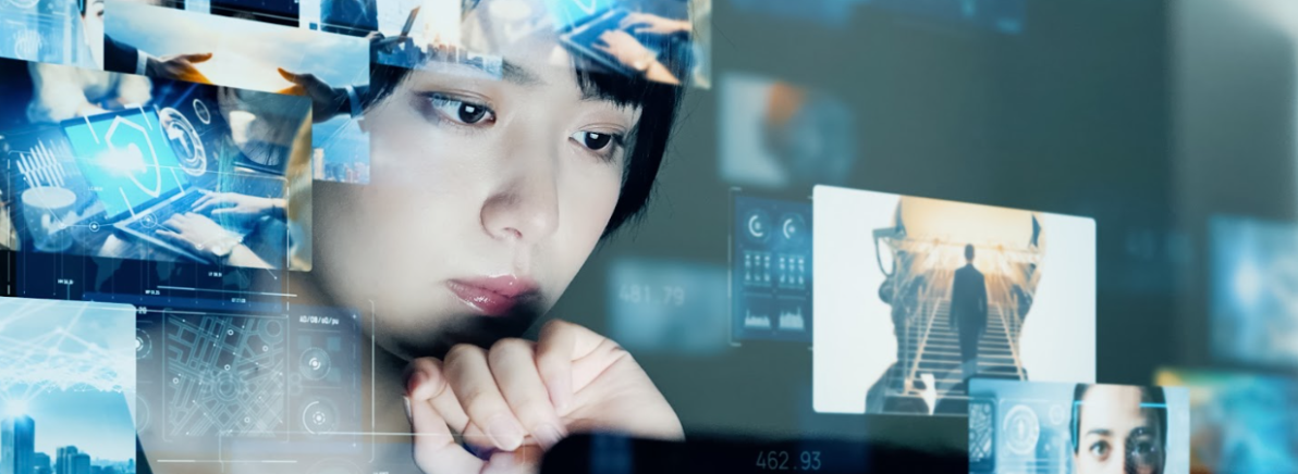 Woman looking at media graphic
