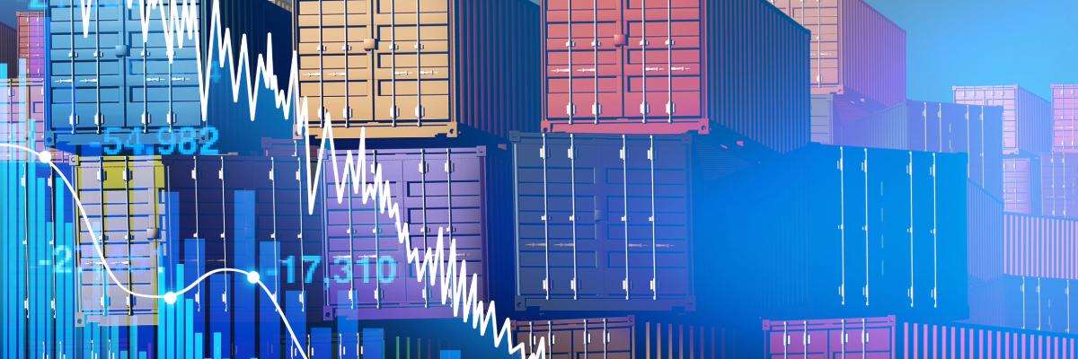 shipping containers with data charts overlaying them. 
