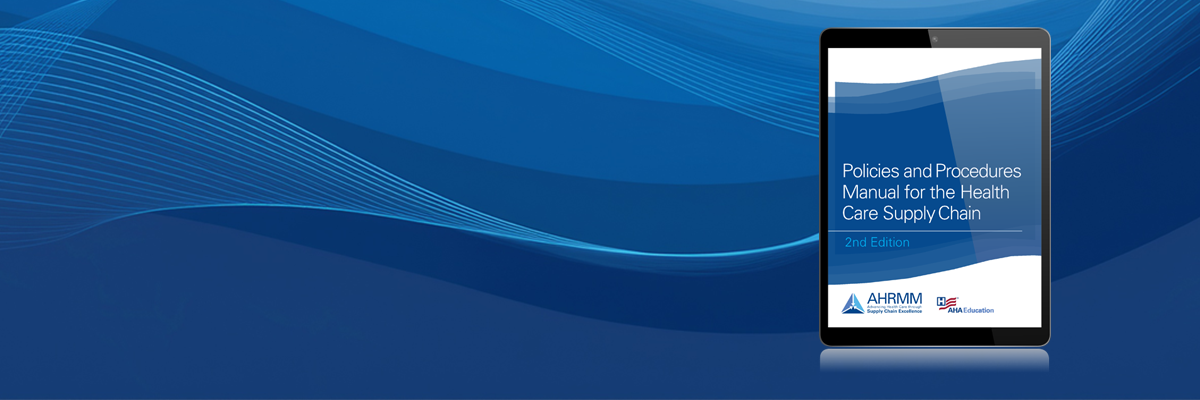 Blue wave design background with policies and procedures manual book cover on right side 