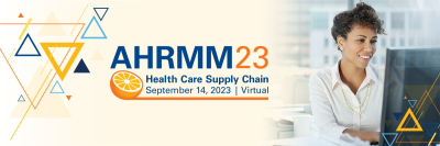 AHRMM23 Virtual Logo with picture of woman sitting on laptop